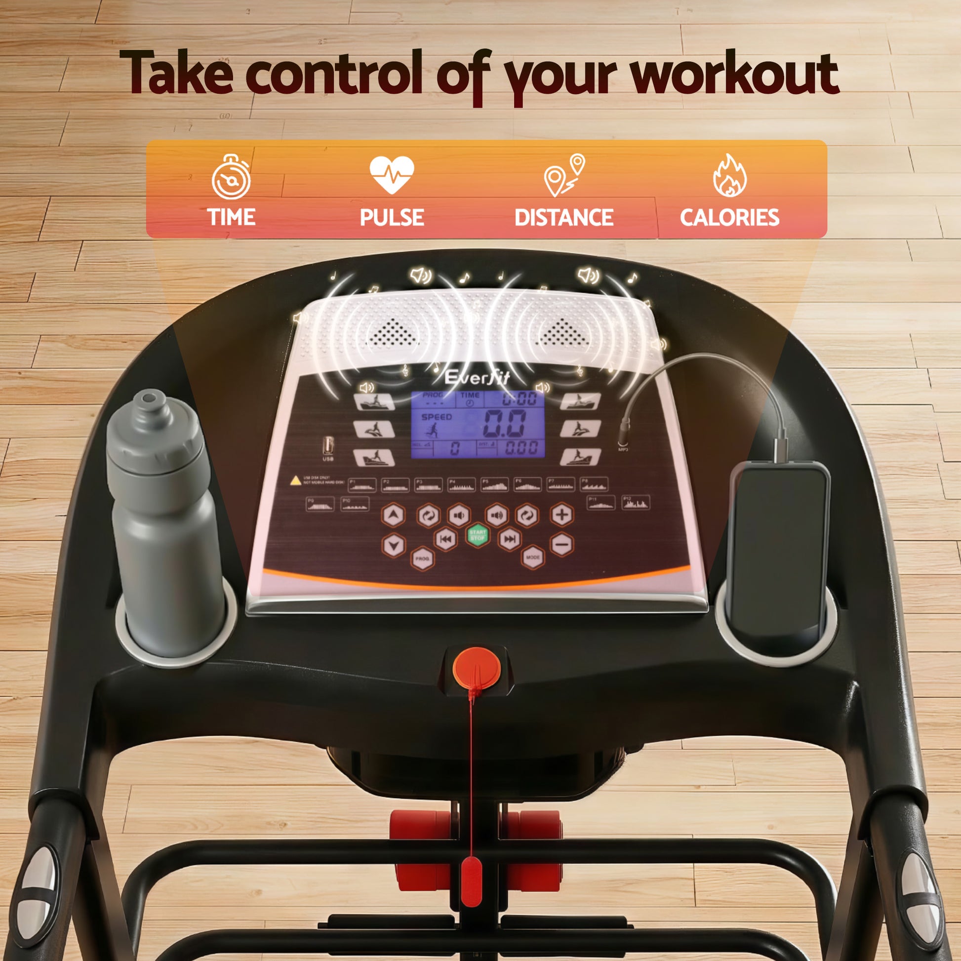 Hlpmedical Everfit electric treadmill with massager, 450mm running deck, for home gym fitness and exercise routines.