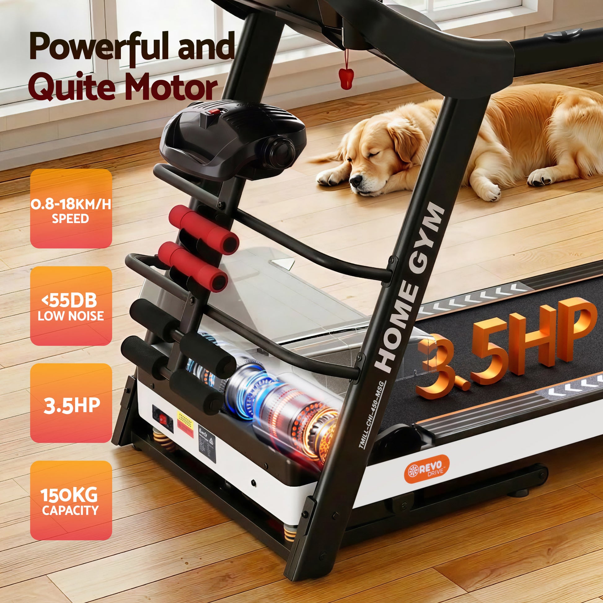 Hlpmedical Everfit electric treadmill with massage feature, 450mm wide running belt, for home gym and fitness exercise.