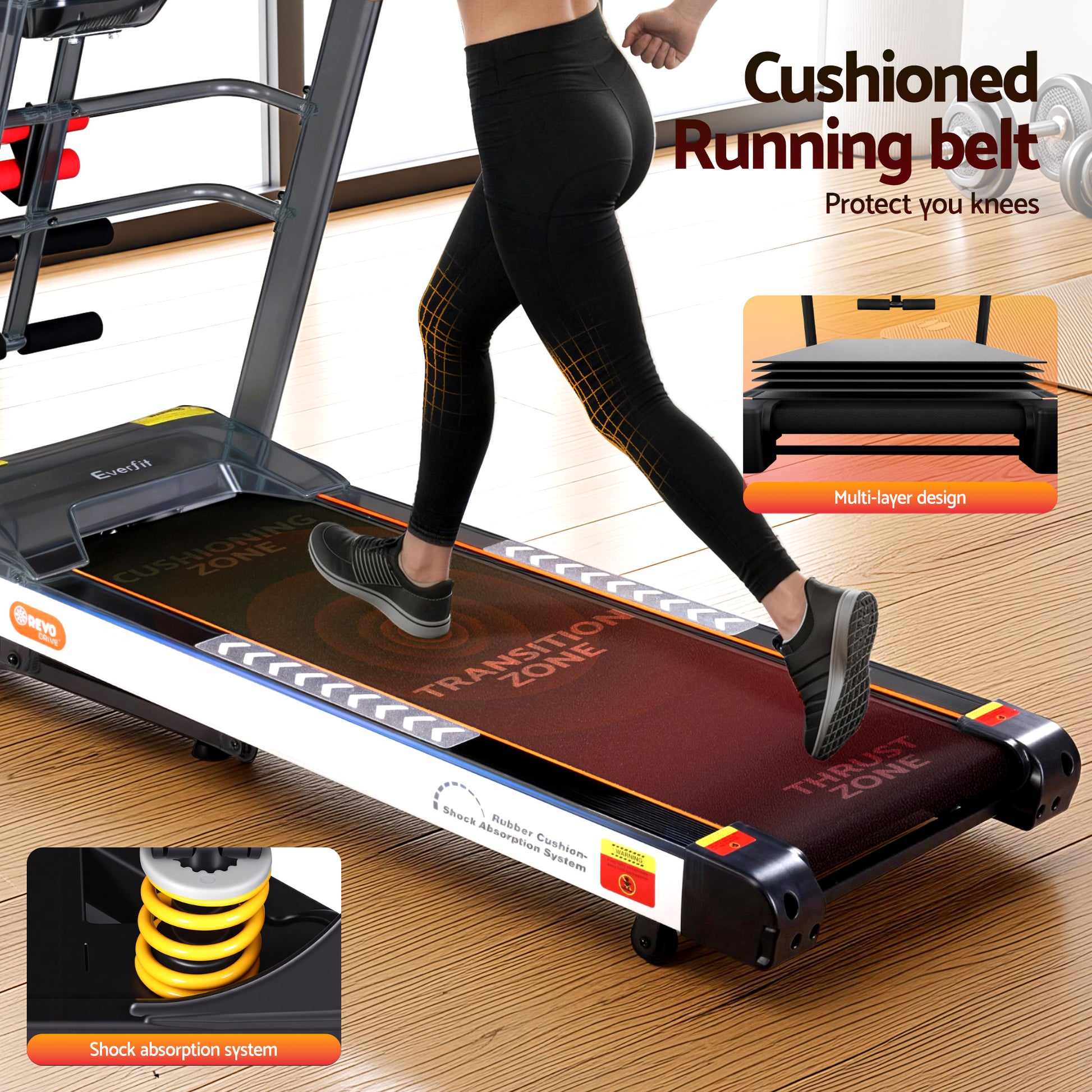 Hlpmedical Everfit electric treadmill with massage feature, 450mm running surface for home gym fitness exercise.
