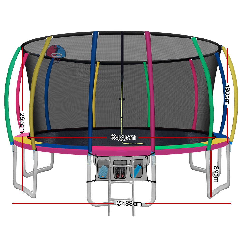 Everfit 16ft kids trampoline with ladder, safety enclosure net, and colorful rebounder for outdoor play and fitness.