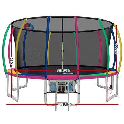 Everfit 16ft kids trampoline with ladder, safety enclosure net, and colorful rebounder for outdoor play and fitness.