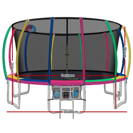 Everfit 16ft kids trampoline with ladder, safety enclosure net, and colorful rebounder for outdoor play and fitness.