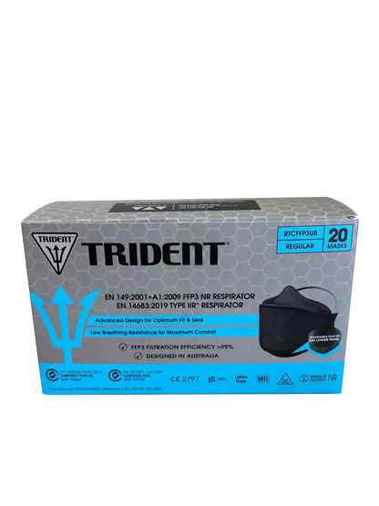 A box of Trident brand FFP3 Respirators, model RBCFP3P3B, in a gray and blue packaging design with a black face mask illustration on the front.