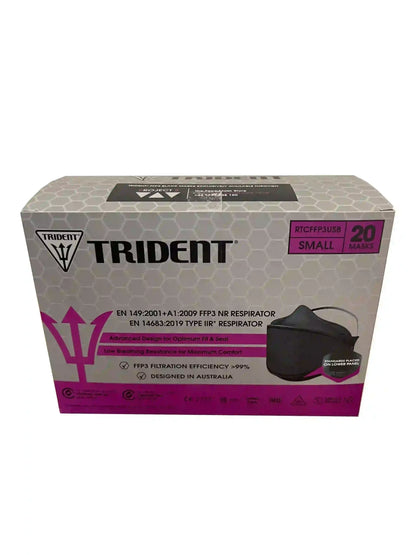 A box of Trident Small FFP3 Respirator masks, containing 20 masks. The packaging is white with a gray honeycomb pattern, featuring a black and purple graphic of the mask and product details.