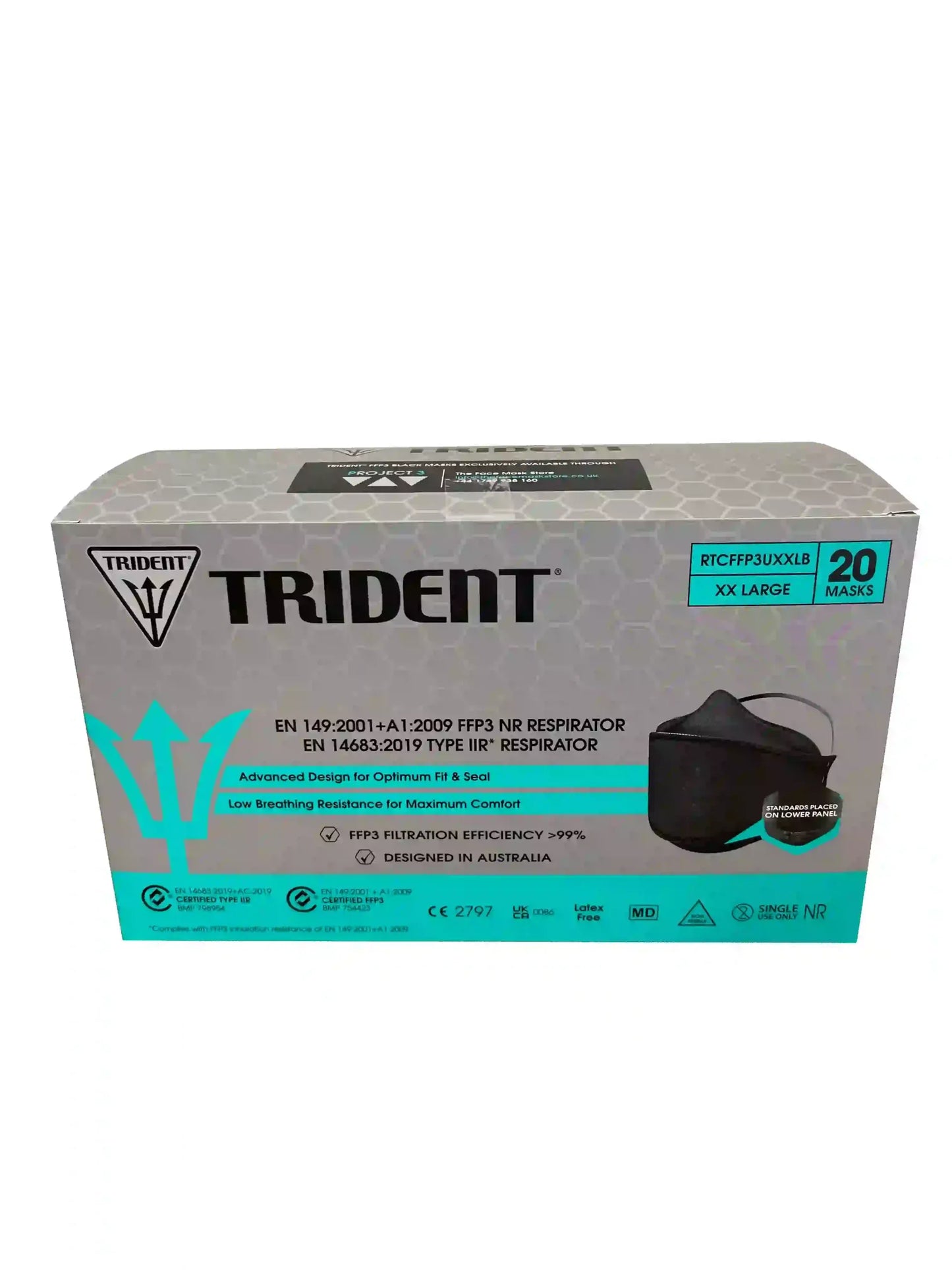 Trident brand retail packaging box for a 20-pack of FFP3 respirator masks, featuring a gray and teal design with a product photo of the black mask on the front.