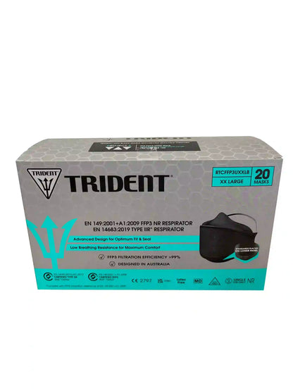 Trident brand retail packaging box for a 20-pack of FFP3 respirator masks, featuring a gray and teal design with a product photo of the black mask on the front.