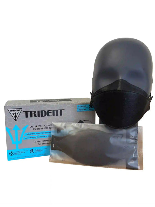 Black Trident Project 3 FFP3 respirator face mask by Hlpmedical, shown in a box with 40 masks, designed for protective respiratory filtration.