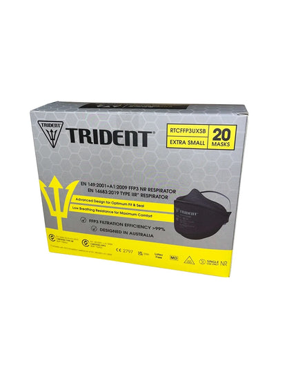 A box of Trident FFP3 Respirator masks, size Extra Small, containing 20 masks. The packaging is gray with a honeycomb pattern, featuring a yellow accent stripe and a black illustration of the mask.