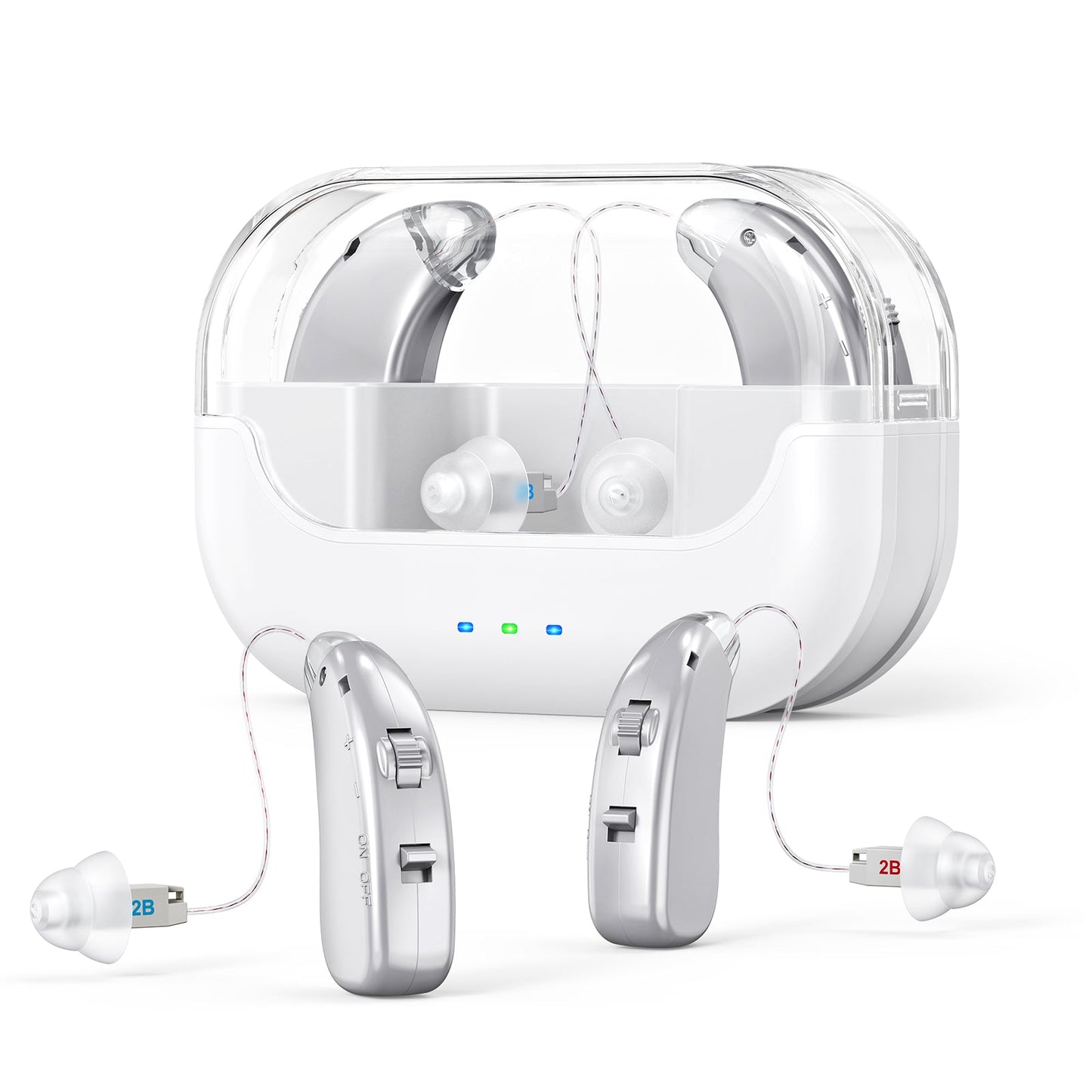 Rechargeable hearing amplifier with charging case, compact sound enhancer for clear audio and noise reduction, in white and transparent case.