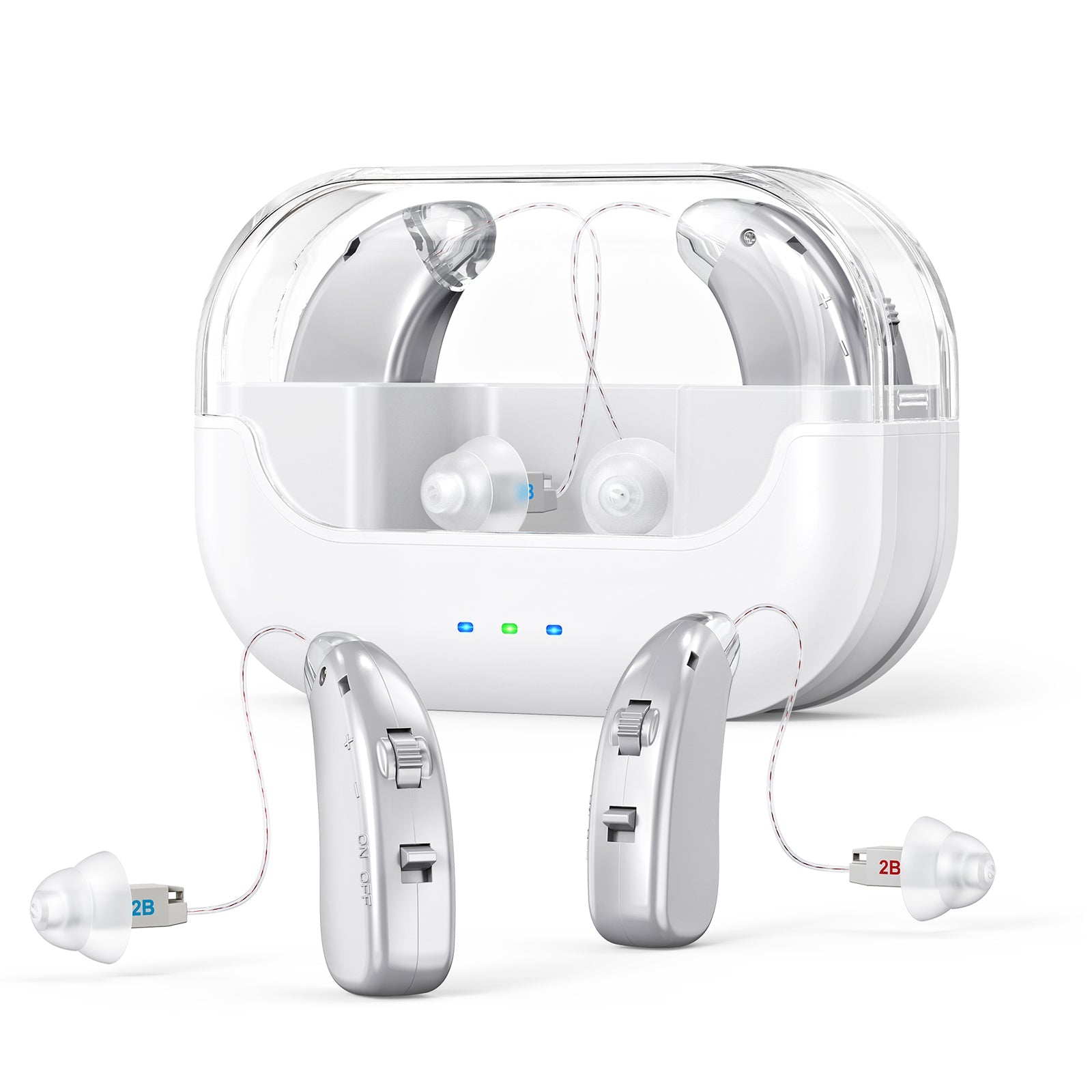 Rechargeable hearing amplifier with charging case, compact sound enhancer for clear audio and noise reduction, in white and transparent case.