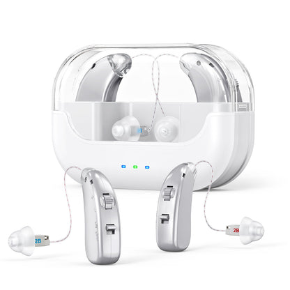 Rechargeable hearing amplifier with charging case, compact sound enhancer for clear audio and noise reduction, in white and transparent case.