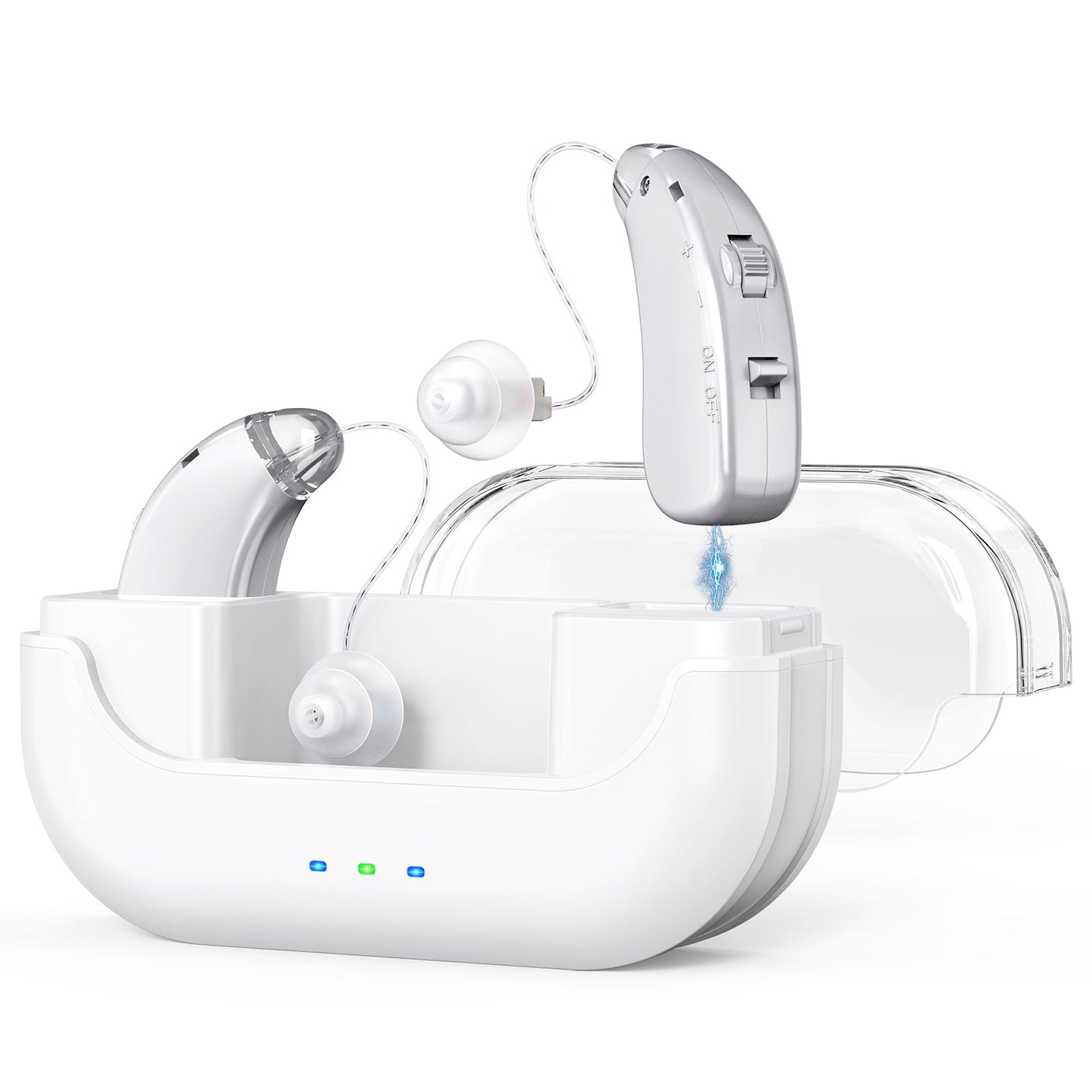 Rechargeable hearing amplifier with charging case, white and transparent design, compact sound enhancer with noise reduction by Hlpmedical.