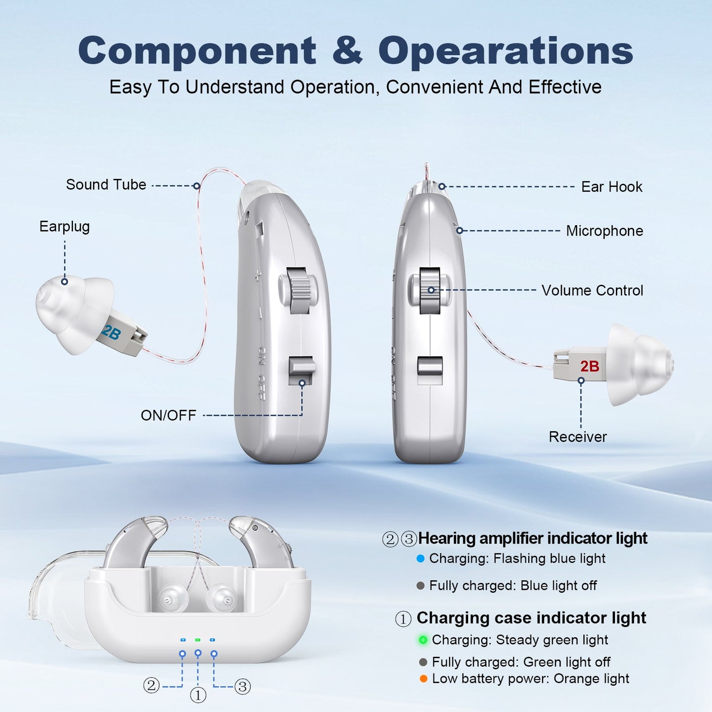 Rechargeable hearing amplifier with white transparent charging case, silver tone, compact sound enhancer for clear audio and noise reduction.