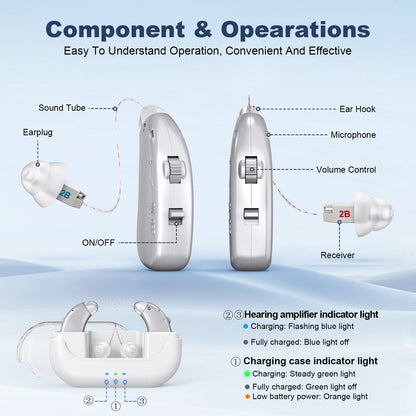Rechargeable hearing amplifier with white transparent charging case, silver tone, compact sound enhancer for clear audio and noise reduction.