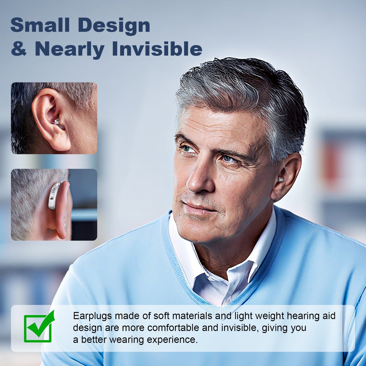 Rechargeable Hlpmedical hearing amplifier with white transparent charging case, compact sound enhancer and noise reduction for clear audio.