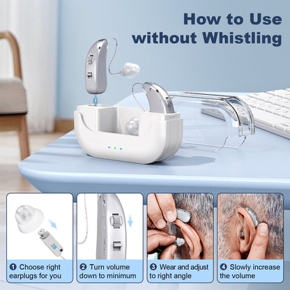 Rechargeable hearing amplifier with charging case, white and transparent design, silver tone, compact sound enhancer for clear audio.