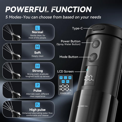 Electric Ear Cleaner with 5 Modes – Rechargeable Ear Irrigator with LCD Display, Foldable Nozzle, and Soft Silicone Tips for Safe Earwax Removal at Home or Travel (Black)