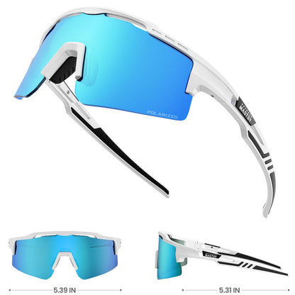OutdoorMaster Hawk II polarized sports sunglasses with white TR90 frame and Revo blue cat.3 lenses for cycling, running, and fishing.