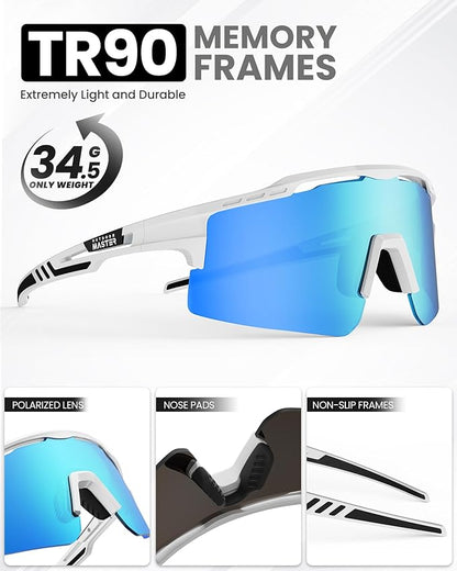 OutdoorMaster Hawk II polarized sports sunglasses with white TR90 frame and Revo blue lenses for cycling, running, and fishing.