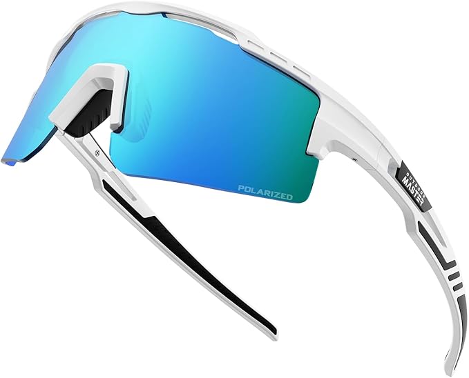 OutdoorMaster Hawk II polarized sports sunglasses with white frame and Revo blue lenses, UV400 protection, ideal for cycling, running, and fishing.