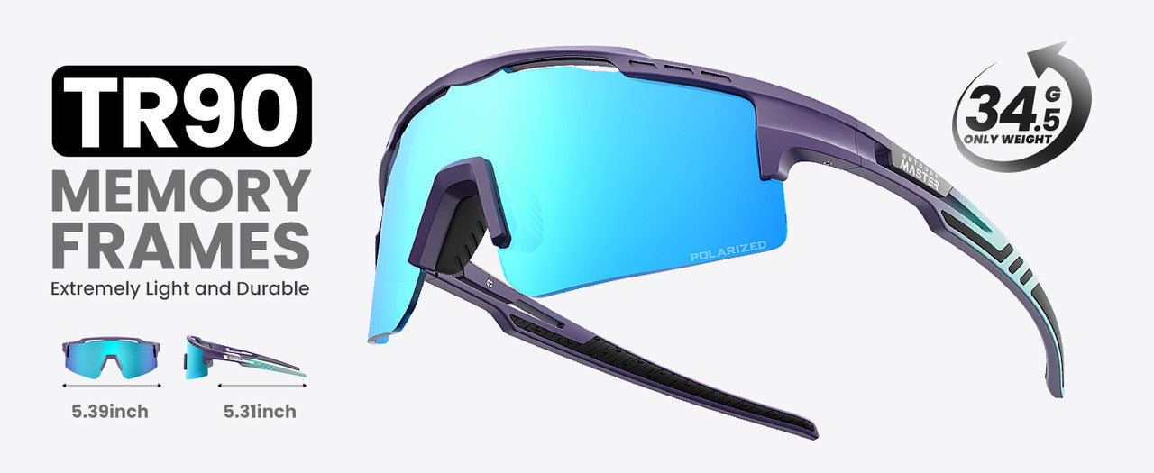 OutdoorMaster Hawk II polarized sports sunglasses with white TR90 frame and Revo blue lenses, UV400 protection for cycling and outdoor activities.