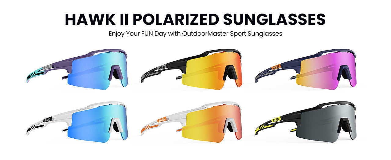 OutdoorMaster Hawk II polarized sports sunglasses with white frame and revo blue lenses, UV400 protection for cycling, running, and fishing.
