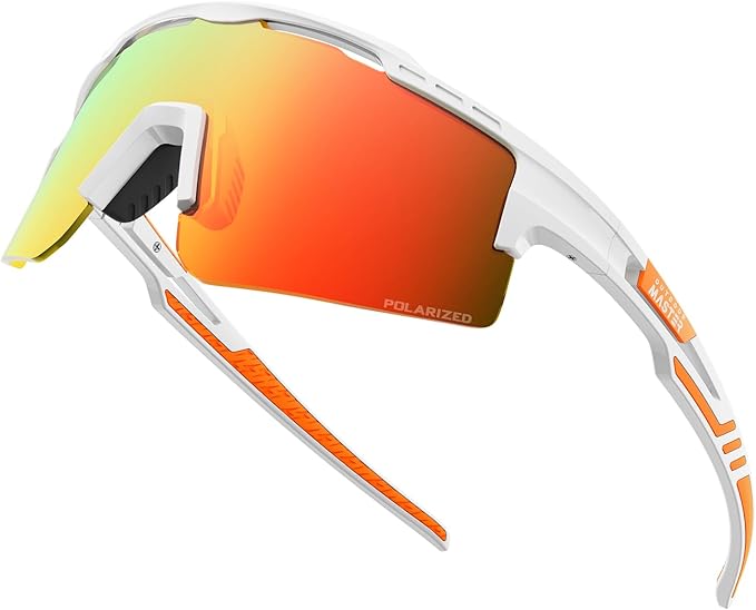 OutdoorMaster Hawk II polarized sports sunglasses with white frame and Revo Red Cat.3 lenses, UV400 protection for cycling and outdoor activities
