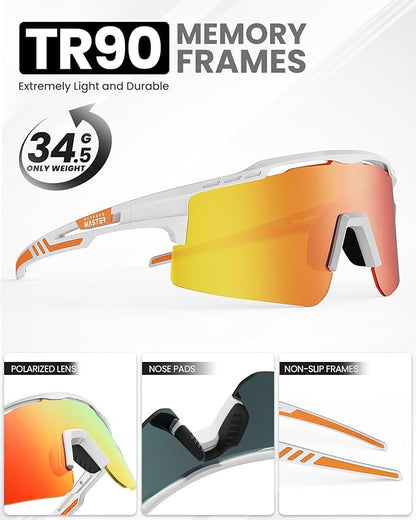 OutdoorMaster Hawk II polarized sports sunglasses with white frame and Revo Red Cat.3 lenses, UV400 protection for cycling and outdoor activities.
