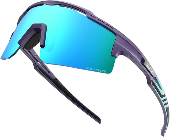 OutdoorMaster Hawk II polarized sports sunglasses with blue frame and Revo blue Cat.3 lenses, UV400 protection for cycling, running, and fishing.