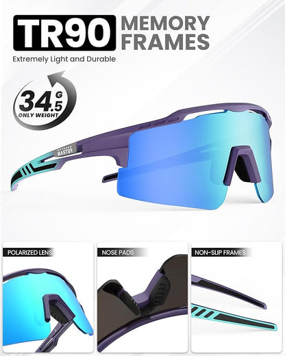 OutdoorMaster Hawk II polarized sports sunglasses with blue frame and Revo blue lenses, UV400 protection, perfect for cycling and outdoor activities
