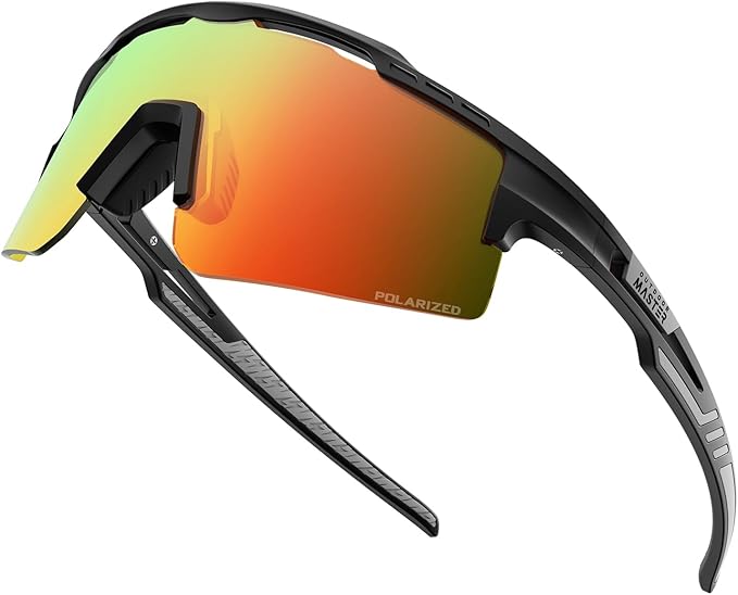 OutdoorMaster Hawk II polarized sports sunglasses with black TR90 frame, Revo blue lenses for cycling, running, and fishing.