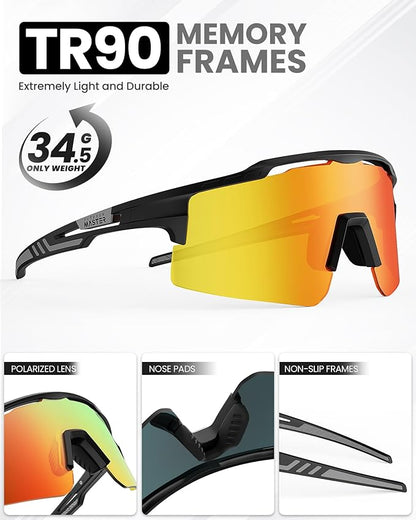 OutdoorMaster Hawk II polarized sports sunglasses with black TR90 frame and Revo blue cat.3 lenses, UV400 protection for cycling and outdoor sports.