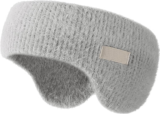Gray noise-canceling earmuffs for sleeping with a soft headband, warm knit material, suitable for winter, cycling, and sleep comfort.