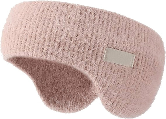 Pink noise-canceling earmuffs for sleeping with a soft headband, warm knit design, ideal for rest, winter warmth, cycling, and relaxation.