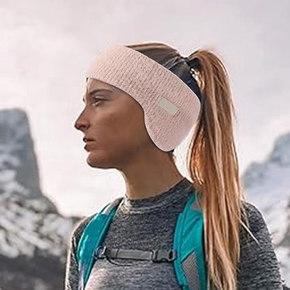 Pink noise-canceling earmuffs for sleeping with a soft headband, warm knit design, suitable for winter, cycling, and rest.