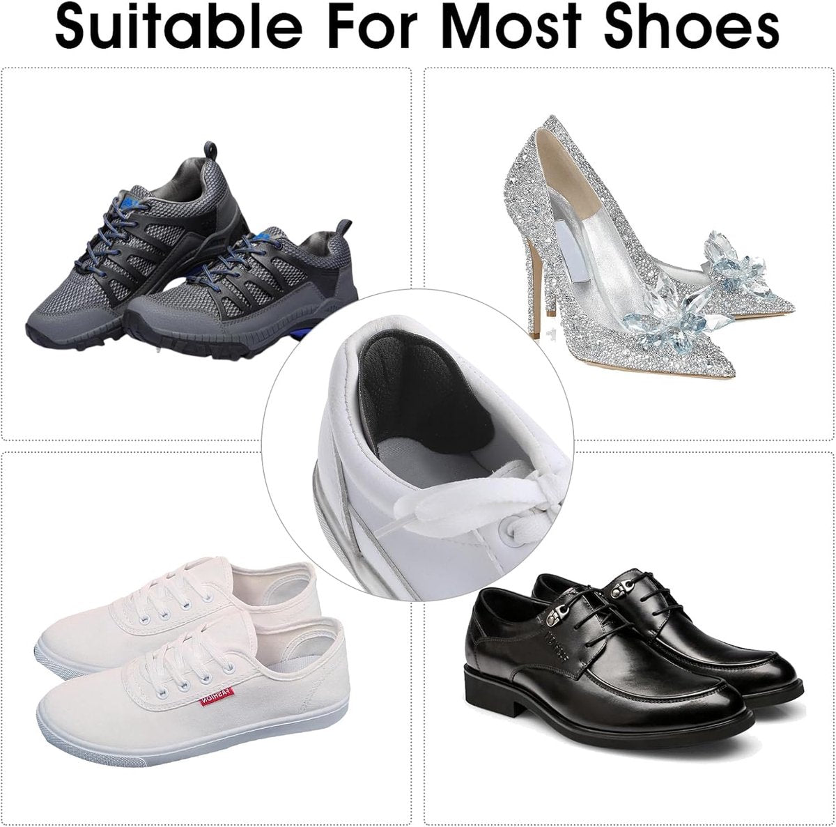 Hlpmedical 4-pair anti-slip heel soles for high heels and dress shoes with self-adhesive, unisex heel protectors for foot safety.