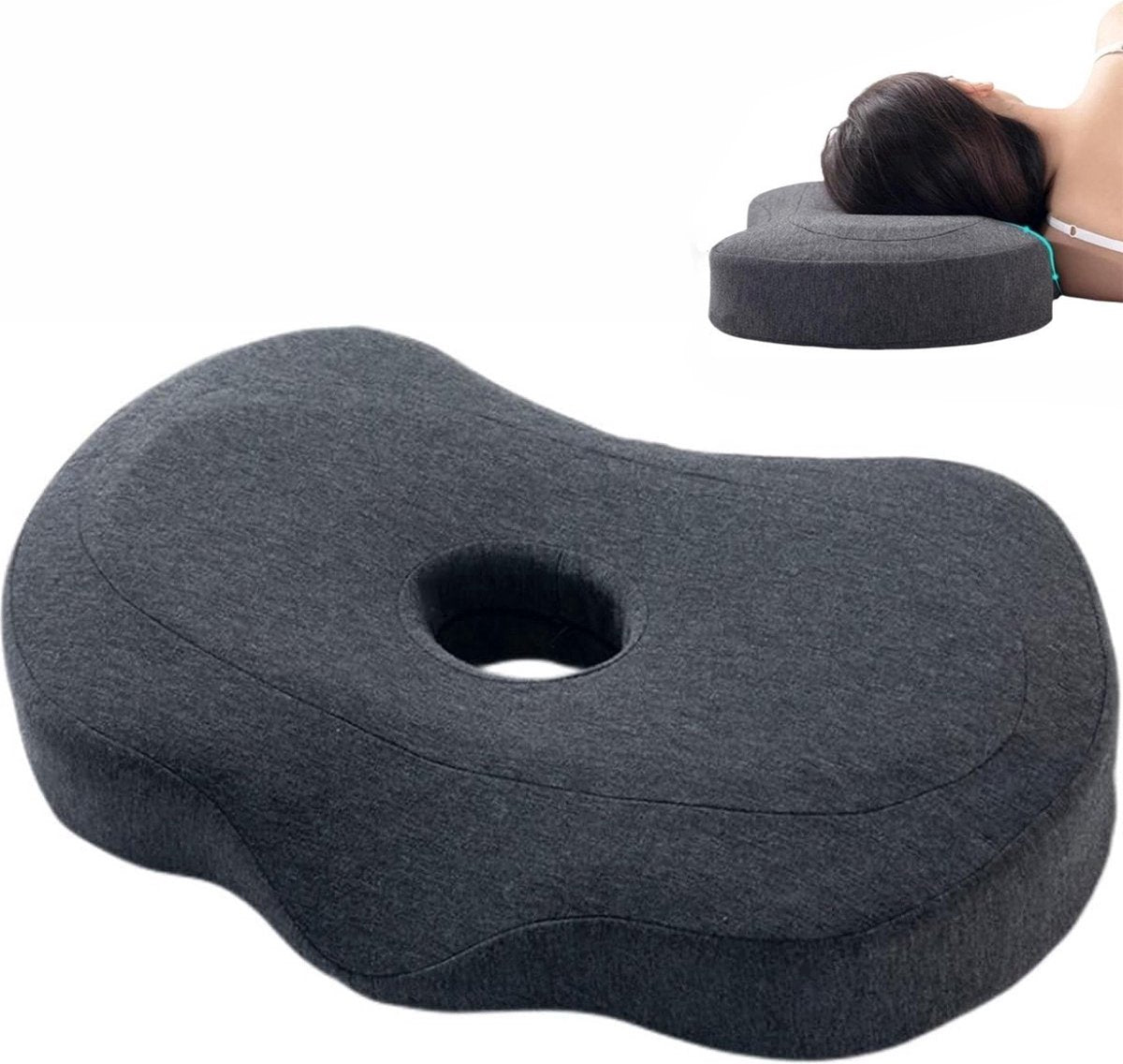 Grey ergonomic memory foam ear piercing pillow with hole, designed for side sleepers to reduce ear pain and improve comfort.