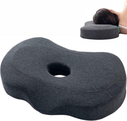 Grey ergonomic memory foam ear piercing pillow with hole, designed for side sleepers to reduce ear pain and improve comfort.