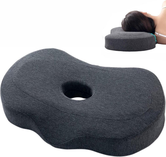 Grey ergonomic memory foam ear piercing pillow with hole, designed for side sleepers to reduce ear pain and improve comfort.