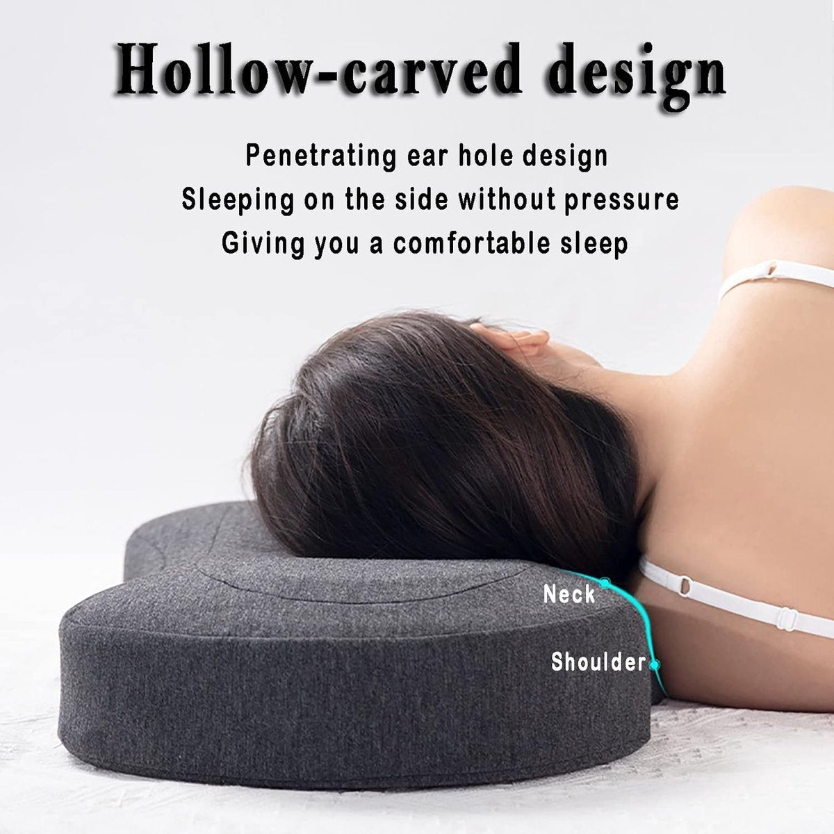 Grey memory foam piercing pillow with ear hole, ergonomic design for side sleepers, washable, skin-friendly, 55x35cm, for ear pain relief.