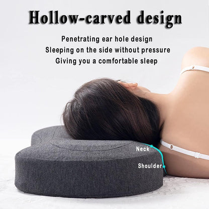 Grey memory foam piercing pillow with ear hole, ergonomic design for side sleepers, washable, skin-friendly, 55x35cm, for ear pain relief.
