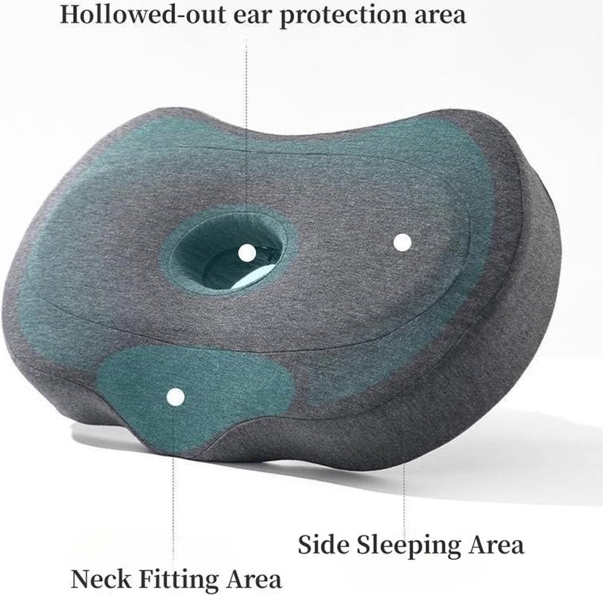 Grey ear piercing pillow for side sleepers with memory foam, ergonomic design, removable cover, and hole for ear comfort.