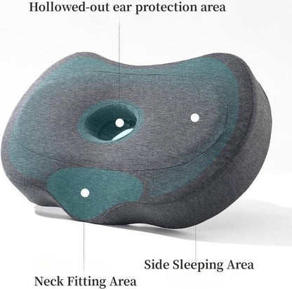 Grey ear piercing pillow for side sleepers with memory foam, ergonomic design, removable cover, and hole for ear comfort.