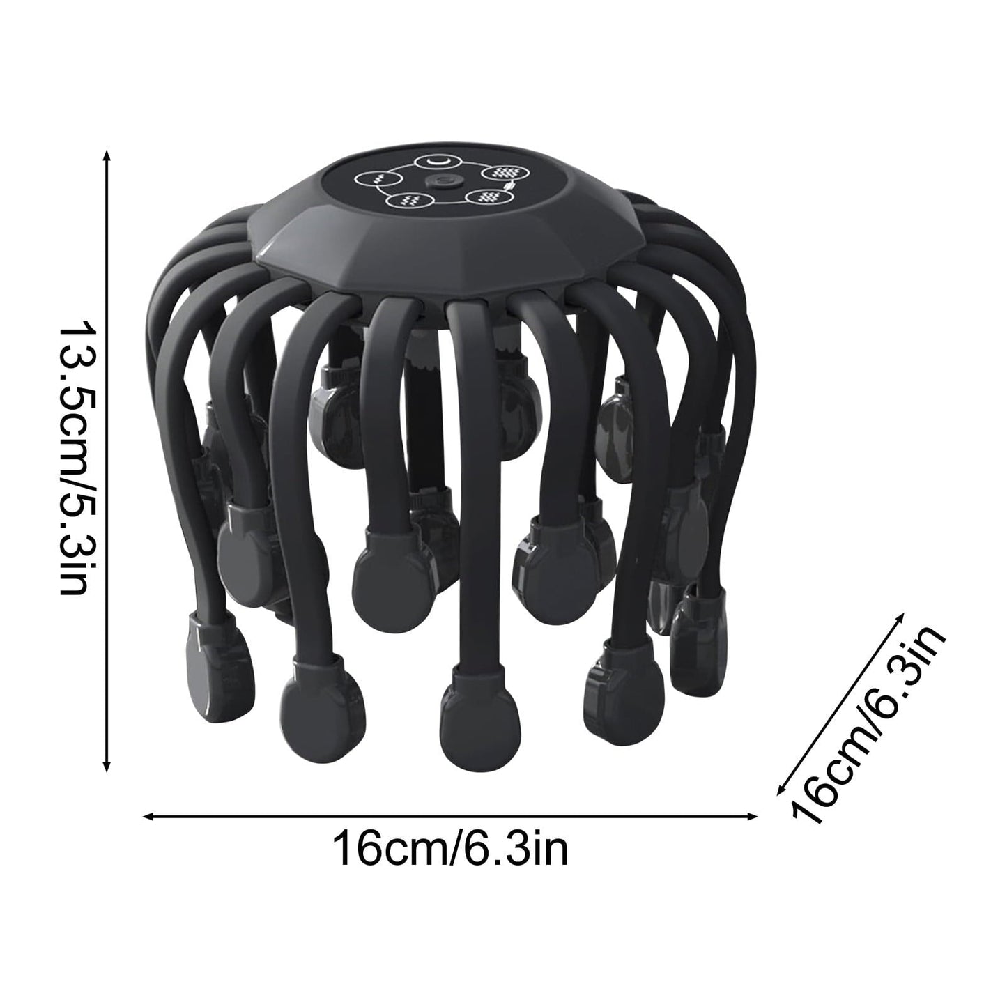 Hlpmedical Grrvtrz motorized scalp massager with 20 nodes, 5 modes, and 360° adjustable massage for relaxation in black.