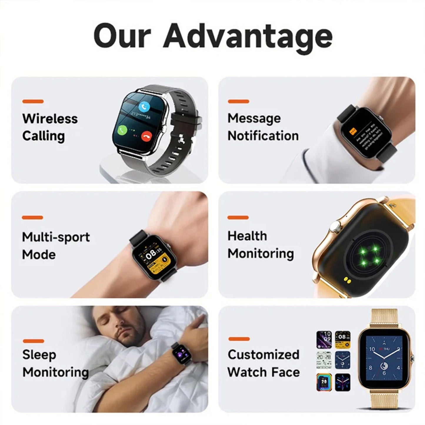 Hlpmedical smartwatch with full touch screen, call function, fitness tracking, sleep monitoring, waterproof design for Android and iPhone.
