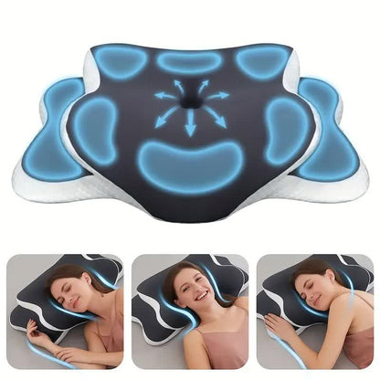 Dark grey  Ergonomic Memory Foam Butterfly Neck Pillow, C-shaped/Dual Height Adjustable, with Transparent Lid Support – for Side Sleeping, Back Sleeping, and Pillow-Assisted Sleep, Ideal for Travel and Bed Use
