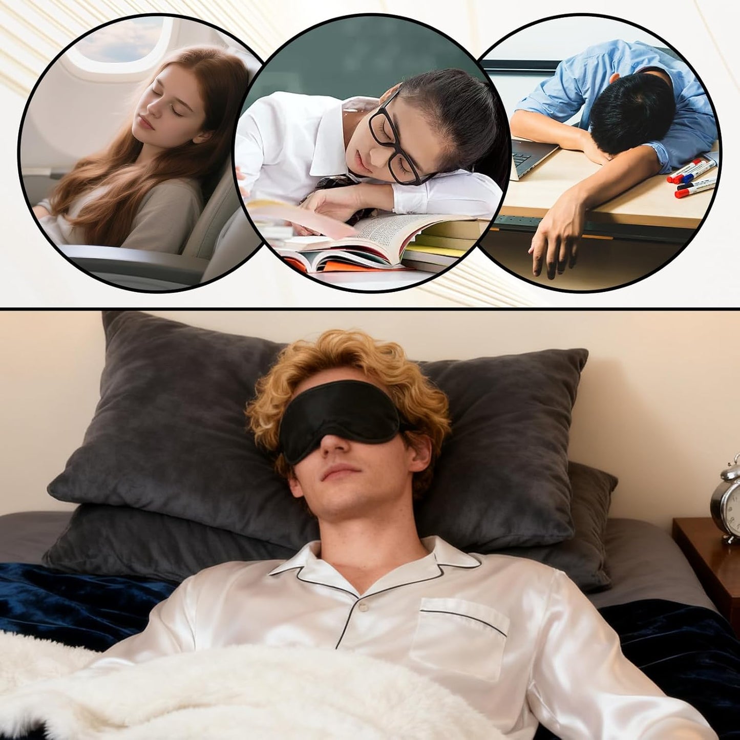 Black Hlpmedical sleep masks with adjustable strap, ideal for travel, sleep, and party games, offering comfortable eye coverage for women and men.