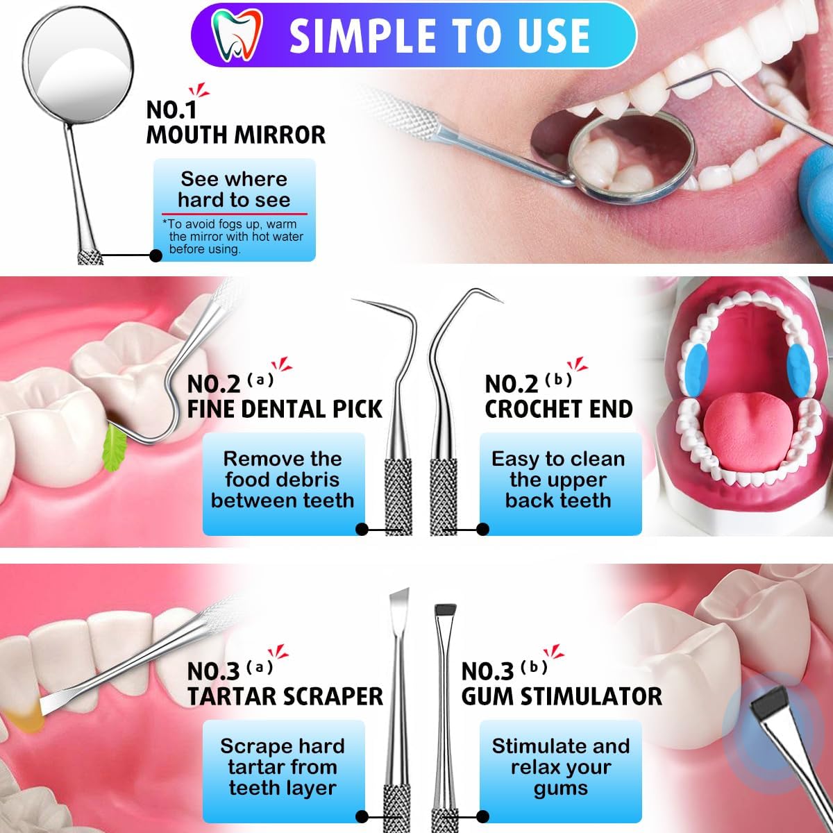 Dental Tools, Dental Pick Teeth Cleaning Tools Hygiene Kit, Plaque Remover for Teeth, Professional Stainless Steel Tooth Scraper Plaque Tartar Cleaner - with Case