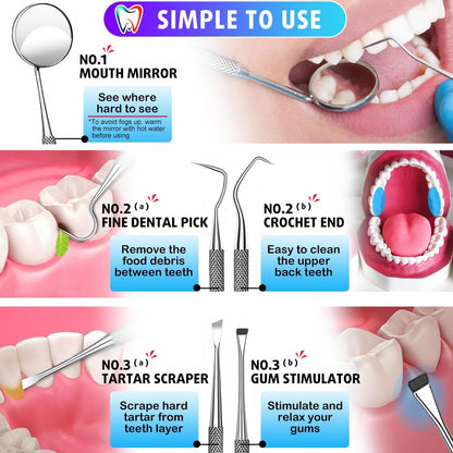 Dental Tools, Dental Pick Teeth Cleaning Tools Hygiene Kit, Plaque Remover for Teeth, Professional Stainless Steel Tooth Scraper Plaque Tartar Cleaner - with Case