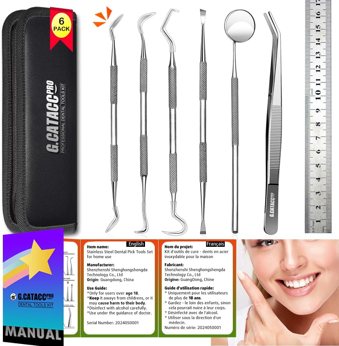 Dental Tools, Dental Pick Teeth Cleaning Tools Hygiene Kit, Plaque Remover for Teeth, Professional Stainless Steel Tooth Scraper Plaque Tartar Cleaner - with Case